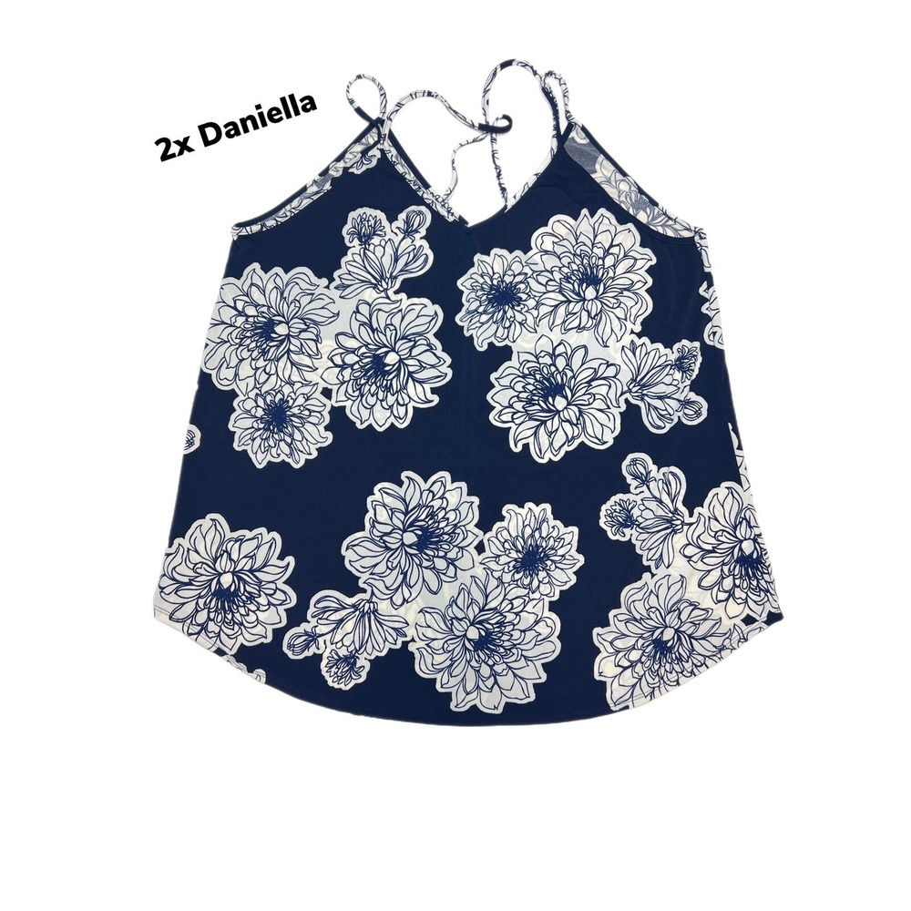 2xl Lularoe Daniella Cross Back Tank Shirt Floral Blue White Crepe Fits 22/24